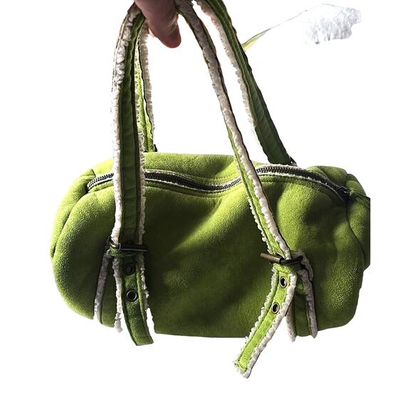 VTG 2004 Y2K Green Faux Suede Sherpa Lined Bucket Shoulder Bag Purse Preppy Prep - Picture 1 of 7